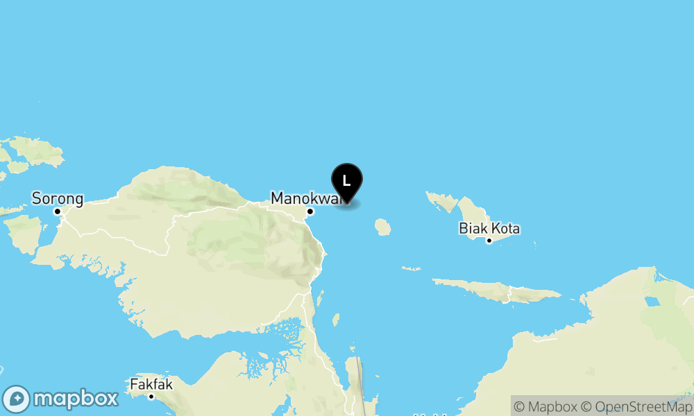 Peta Gempa Pusat gempa berada di laut 44 km barat laut Pulau Numfor