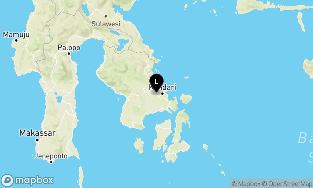 Peta Gempa Pusat gempa berada di darat 2 km Timur Laut Ranomeeto Barat, Konawe Selatan