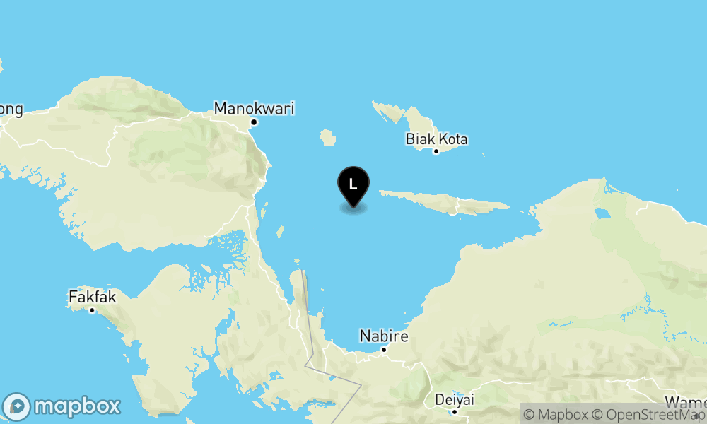 Peta Gempa Pusat gempa berada di laut 105 km tenggara Pulau Numfor