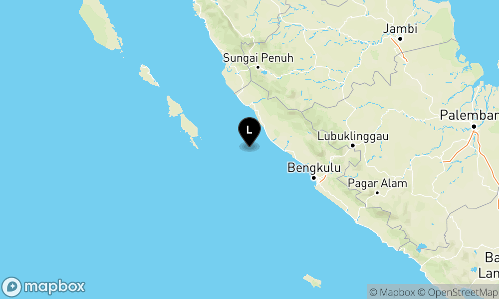 Peta Gempa Pusat gempa berada di laut 87 km tenggara Mukomuko