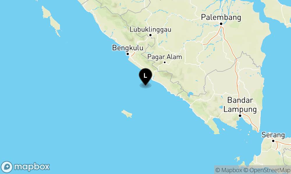 Peta episentrum gempa M4.9 — Pusat gempa berada di laut 31 km barat daya Bengkulu Selatan
