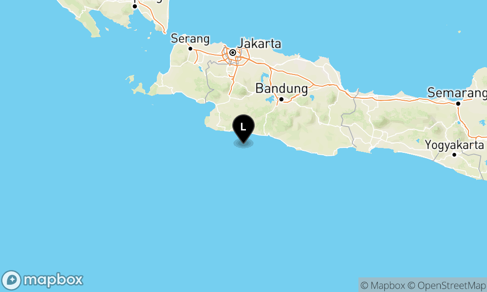 Peta episentrum gempa M4.3 — Pusat gempa berada di laut 82 km tenggara Kota Sukabumi