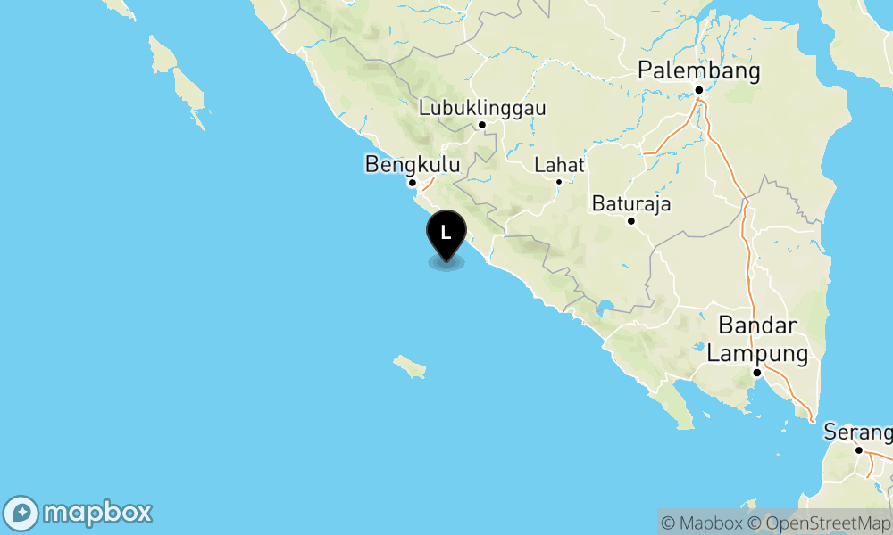 Peta episentrum gempa M4.9 — Pusat gempa berada di laut 40 km Barat Bengkulu Selatan