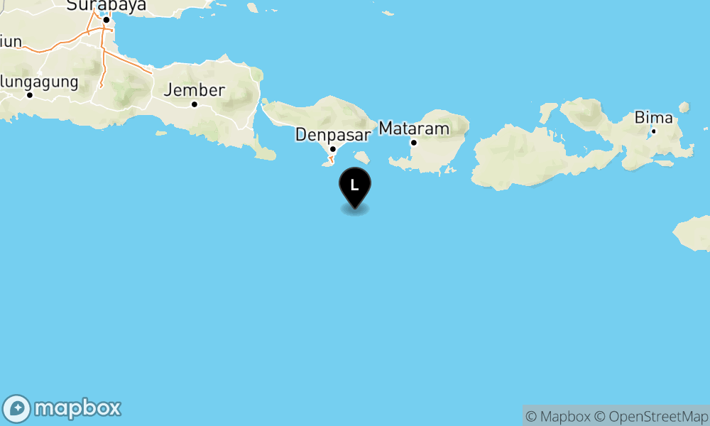 Peta Gempa Pusat gempa berada di laut 65 km tenggara Kuta Selatan